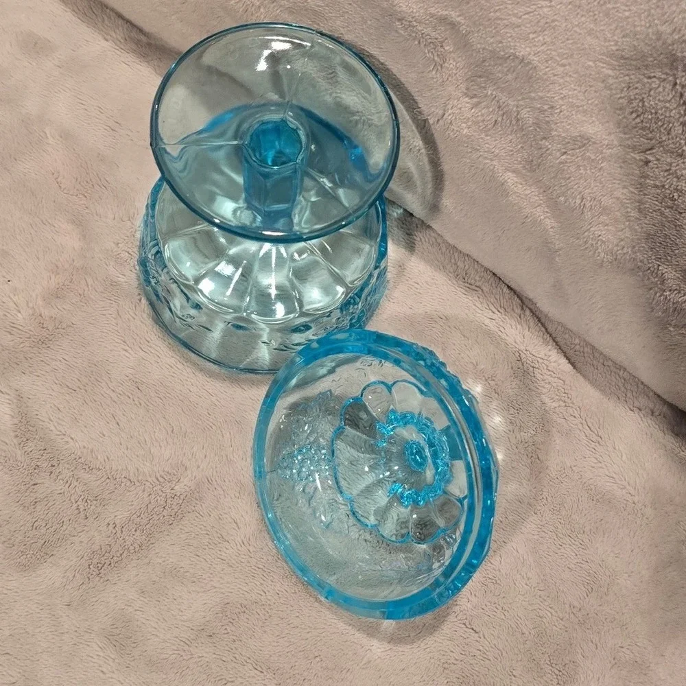 Vintage Westmoreland Blue Glass Candy Dish Lidded Compote Grape/Leaf Pattern